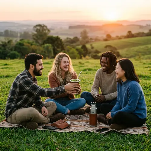 Yerba Mate Ceremony with Diverse Group at Sunset