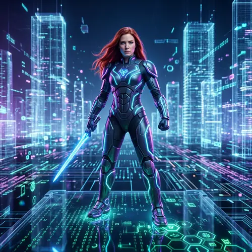 Futuristic Female Warrior in Neon Armor | Digital Metaverse Art