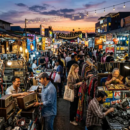 Vibrant Aftermarket Scene with Diverse Products and Shoppers