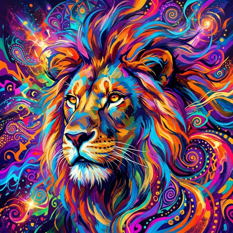 Majestic Lion Psychedelic Art - Vibrant Colors & Fierce Gaze