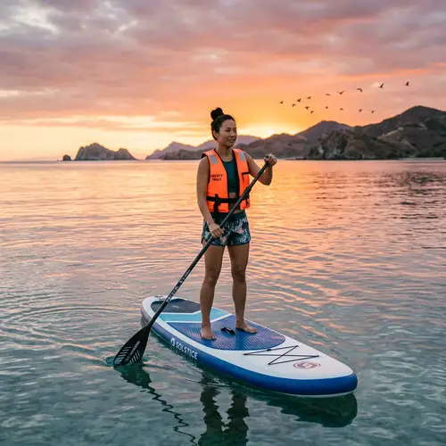 Tranquil Sunset Paddleboarding: Serene Moment of Balance and Grace