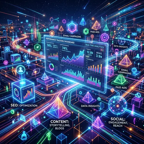 Futuristic Digital Marketing Landscape | Geometric Shapes & Performance Tracking