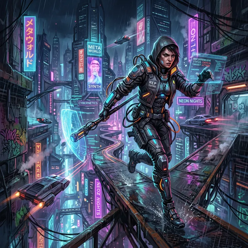 Futuristic Cyberpunk Metaverse: Reputation Defender Artwork