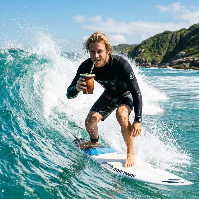 Blond Surfer Enjoying Yerba Mate on the Waves
