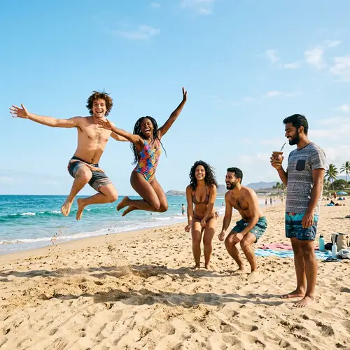 Diverse Group of Friends Having Fun on Sandy Beach