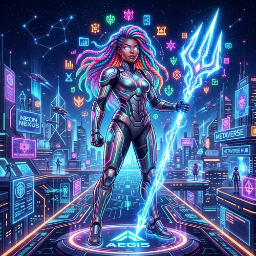 Iconic Metaverse Character: Vibrant Hair & Radiant Trident