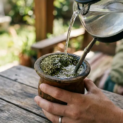 Serene Yerba Mate Ritual: Water Pouring on Leaves in Traditional Gourd