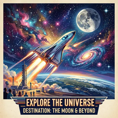 Futuristic Space Exploration Illustration with Rocket Blasting Off