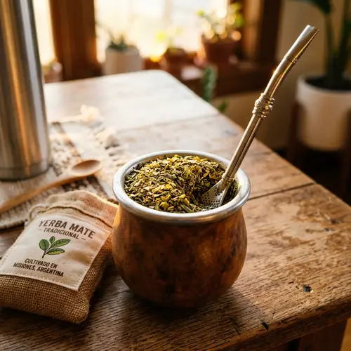 Traditional Yerba Mate Cup with Bombilla | Rustic Wooden Table