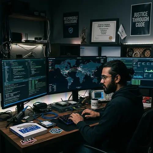 Ethical Hacker in Action: Cybersecurity Expert Working in Dimly Lit Room