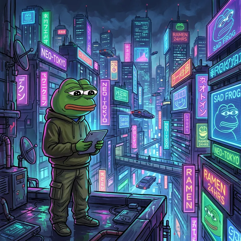 Pepe the Frog in Vibrant Metaverse - Cyberpunk Pop Art