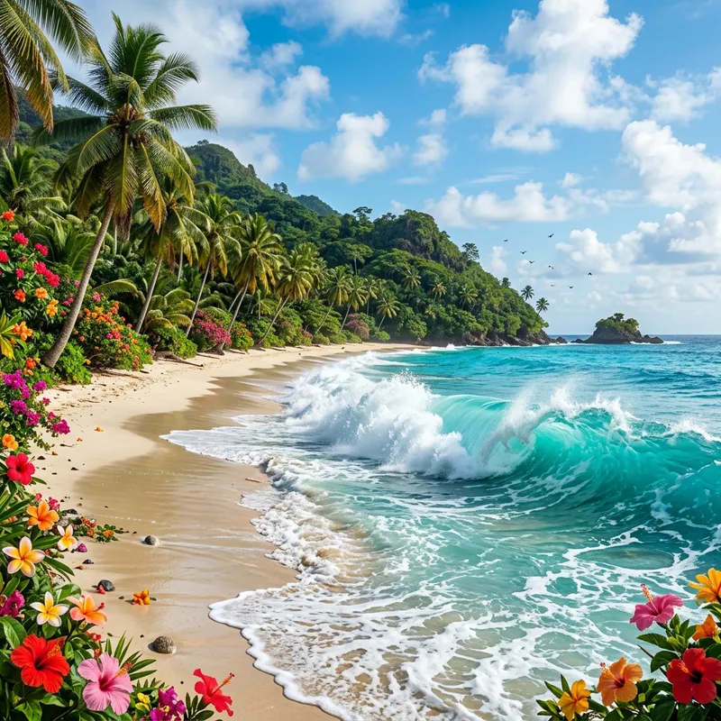 Tropical Island: Vibrant Waves, Sandy Shores & Lush Greenery