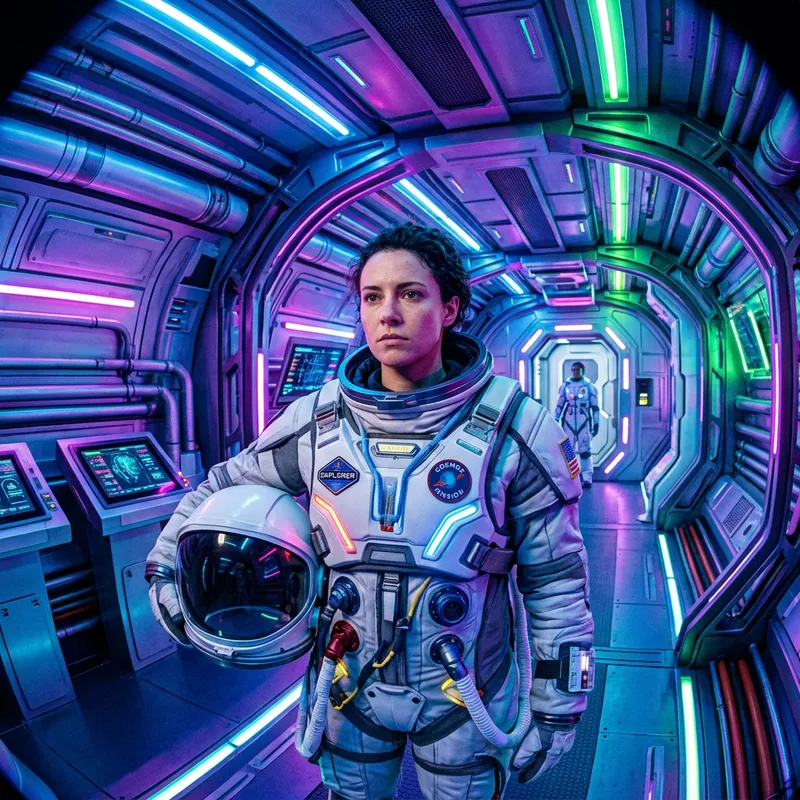 Bold Astronaut in Futuristic Neon Space Suit Scene