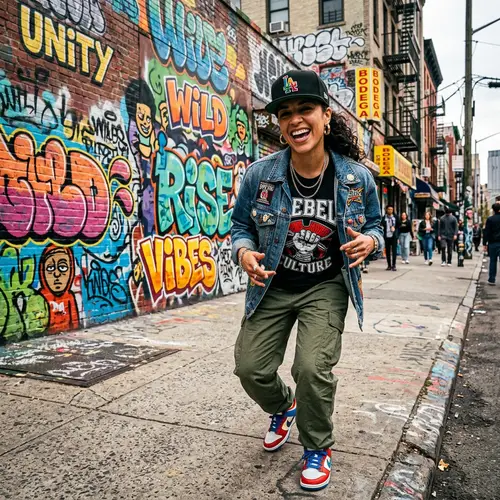 Energetic Hispanic Woman in Urban Street Photography