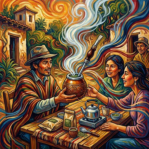 Traditional Yerba Mate Ritual: Invigorating Steam & Vibrant Designs