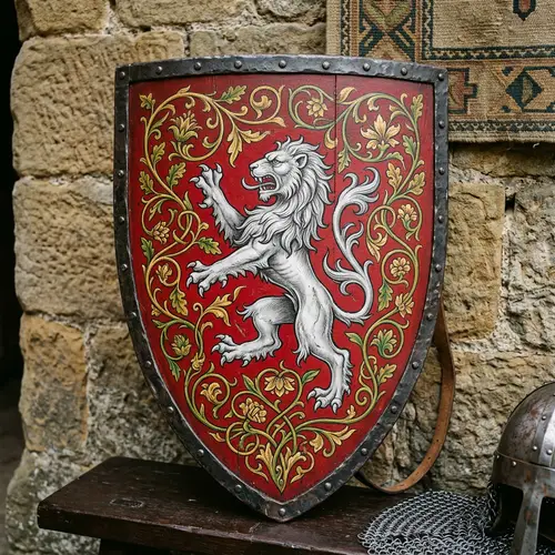 Intricately Designed Medieval Shield with Symbolic Heraldic Details
