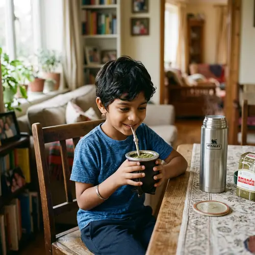 South Asian Boy Enjoying Yerba Mate with Traditional Gourd and Bombilla