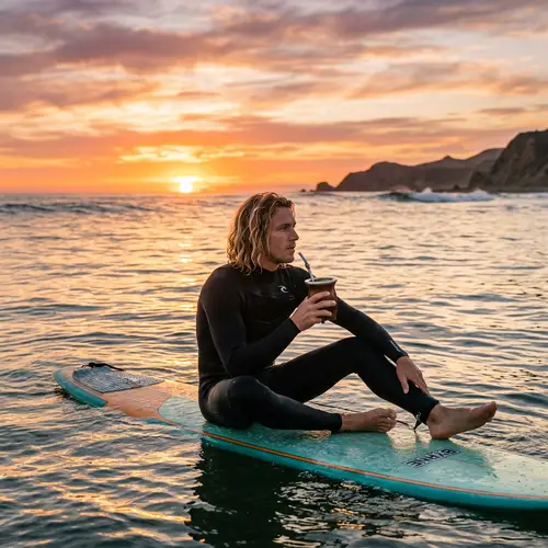 Blonde Male Surfer Drinking Yerba Mate at Sunset