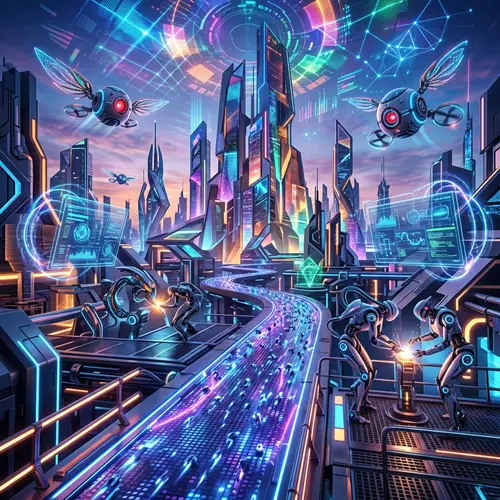 Futuristic Technology Landscape with Advanced Alloys and Hovering Drones