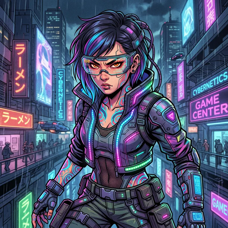 Futuristic Cyberpunk Character with Neon Anime Aesthetics