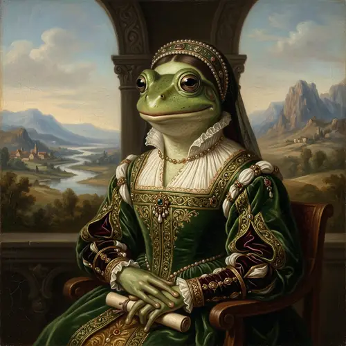 Female Green Frog Character Inspired by Renaissance Art