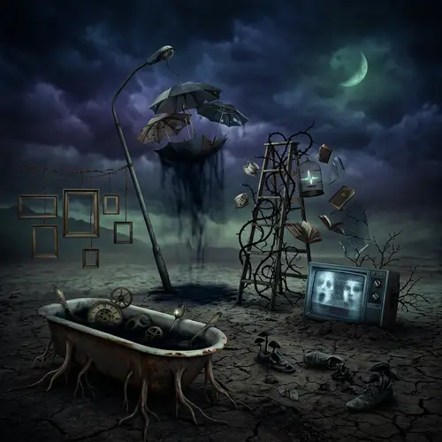 Surreal Dark Composition: Unexpected Objects in Desolate Landscape
