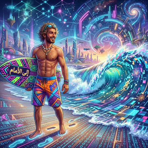 Surreal Metaverse Surfer: Pixelated Waves & Futuristic Adventures