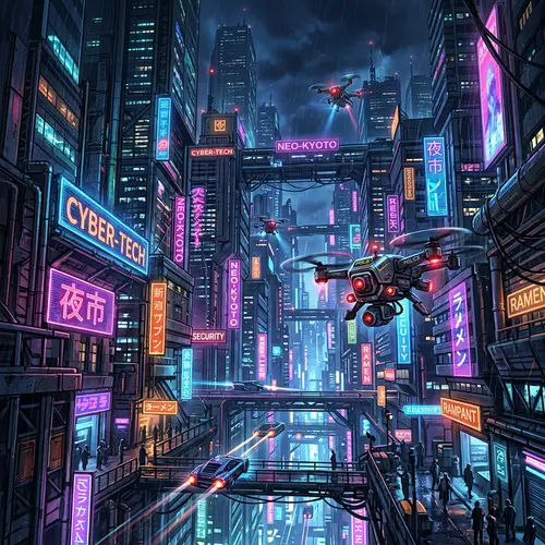 Futuristic Cyberpunk Cityscape with Neon Lights and Surveillance Drones