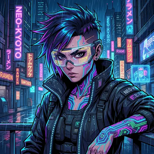 Futuristic Cyberpunk Anime Character with Neon Tattoos