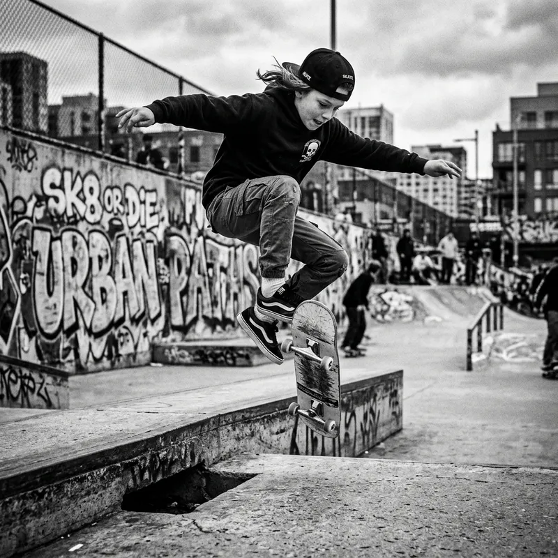 Vibrant Skateboarding Subculture: Dynamic Black-and-White Action Vibrant Skateboarding Subculture: Dynamic Black-and-White Action