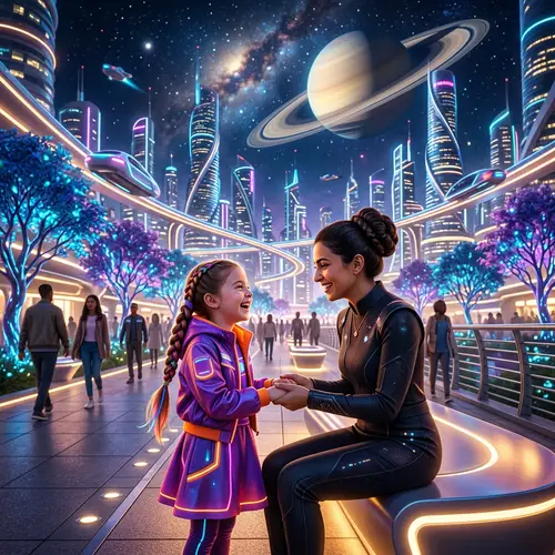 Mother and Daughter Bonding: Whimsical & Futuristic Moment