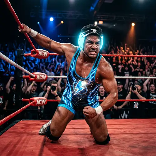 Dynamic Hispanic Wrestler with Electric-Themed Design Elements