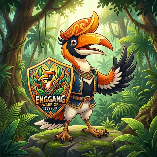Enggang Bird Mascot with Colorful Shield