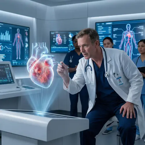 2024 Futuristic Cardiologist Evaluating 3D Heart Holograph