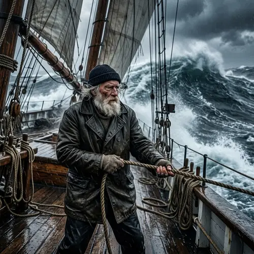 Old Bearded Sailor Amidst Stormy Seas