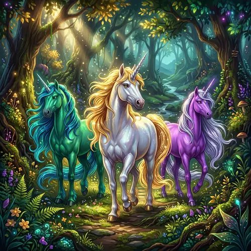 Majestic Unicorn Squad in Magical Forest | Fantasy Art