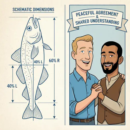 Detailed Fish Drawing with Cartoon Men Holding Hands