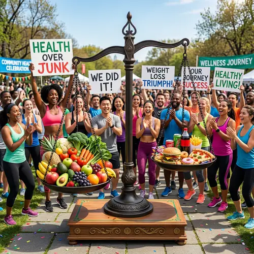 Healthy Weight Loss Scene: Fresh vs. Junk Food and Community Cheer