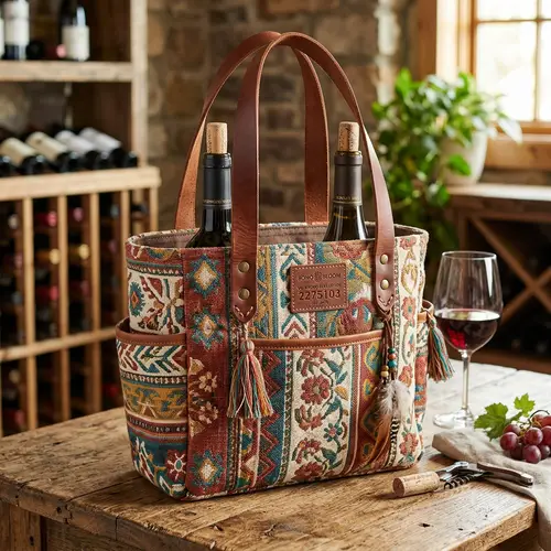 Chic Boho Wine Tote Bag with Leather Handles