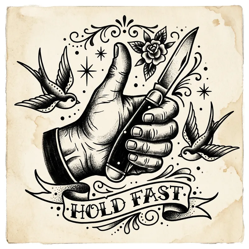 Vintage American Traditional Hand with Knife Tattoo Design