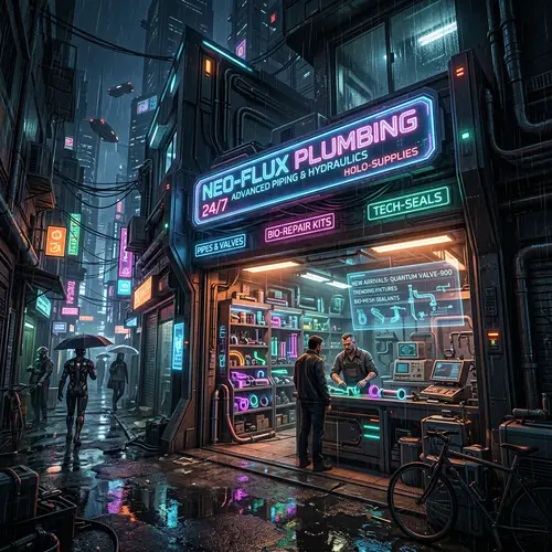 Futuristic Cyberpunk Plumbing Store | Tech Tools & Neon Glow