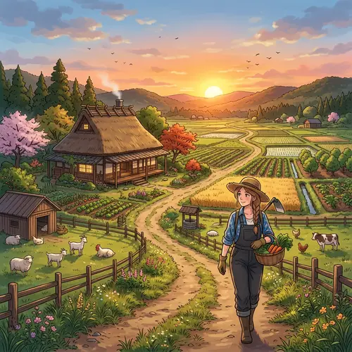 Tranquil Farm at Sunset: Anime-style depiction of cultivated fields
