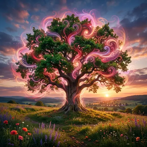 Majestic Tree with Vibrant Swirling Aura of Kindness and Compassion