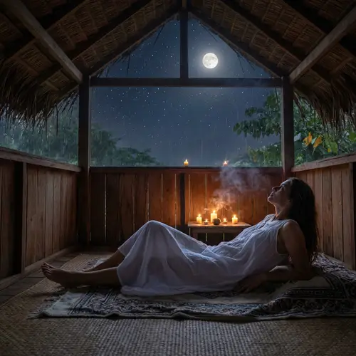 Serene Night: Woman in Hut Under Stars