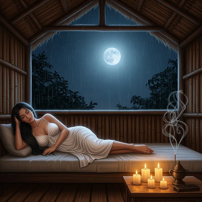 Serene Night: Woman in Hut Under Stars