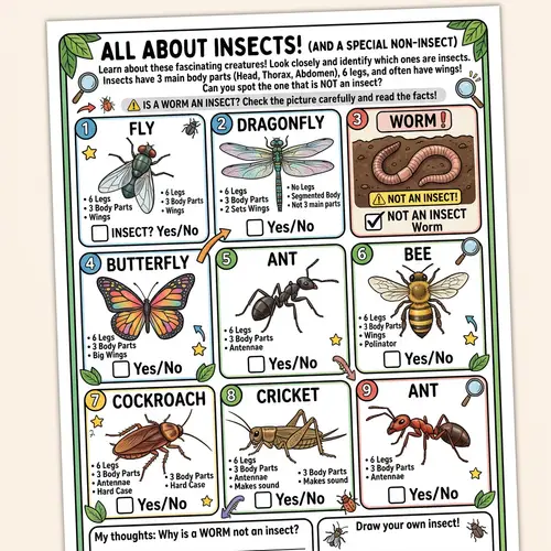 Educational Insects Worksheet: Fly, Dragonfly, Worm, Butterfly & More