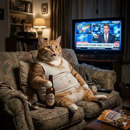 Surprised Chubby Cat Watching TV with Bottle on Couch