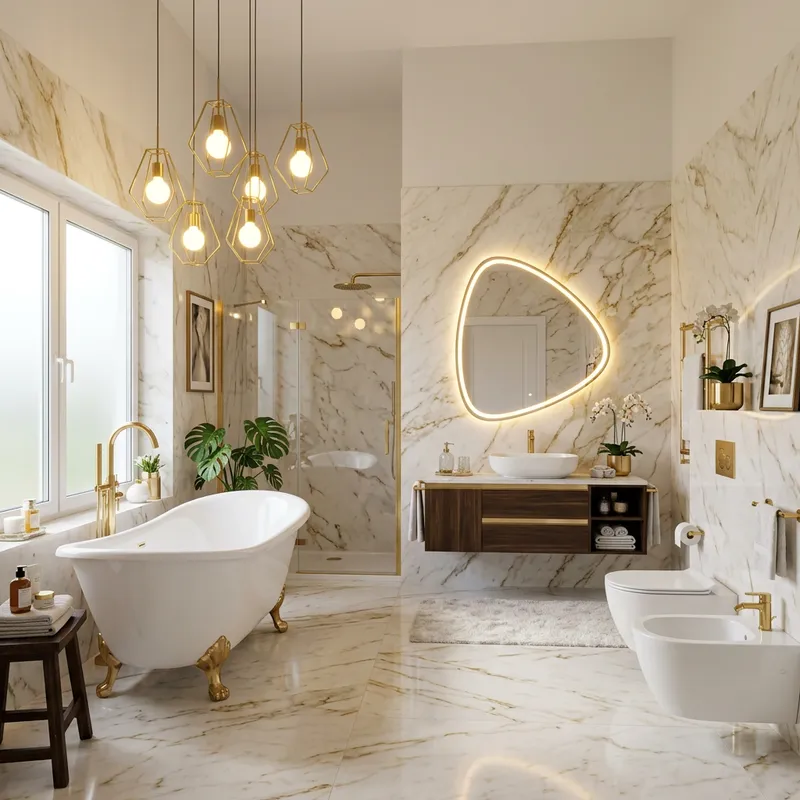 Luxurious Modern Bathroom with White Bathtub and Gold Accents Luxurious Modern Bathroom with White Bathtub and Gold Accents