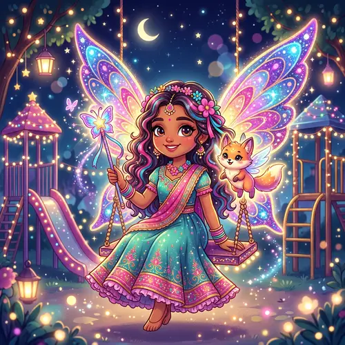 South Asian Fairy Girl with Vibrant Hair and Large Wings