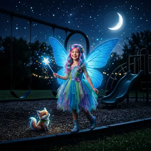 Vibrant Fairy Girl with Magical Wand on Nighttime Playground